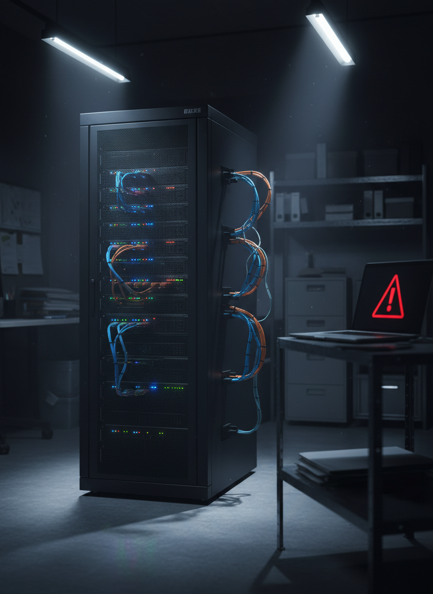 A sleek, matte-black network server rack with glowing indicator lights and neatly organized blue and orange Ethernet cables emerging like veins, standing in the center of a dimly lit small-business back office. On the adjacent metal shelf, a closed laptop displays a sharp, red warning triangle on its screen, slightly out of focus. Cool, focused overhead LED lighting creates crisp reflections on the server’s metal surfaces and casts long, controlled shadows on the concrete floor. Captured at eye level with a shallow depth of field in photographic realism, the composition uses the rule of thirds to emphasize the server as the heart of the business, creating a tense but professional atmosphere of looming digital risk.