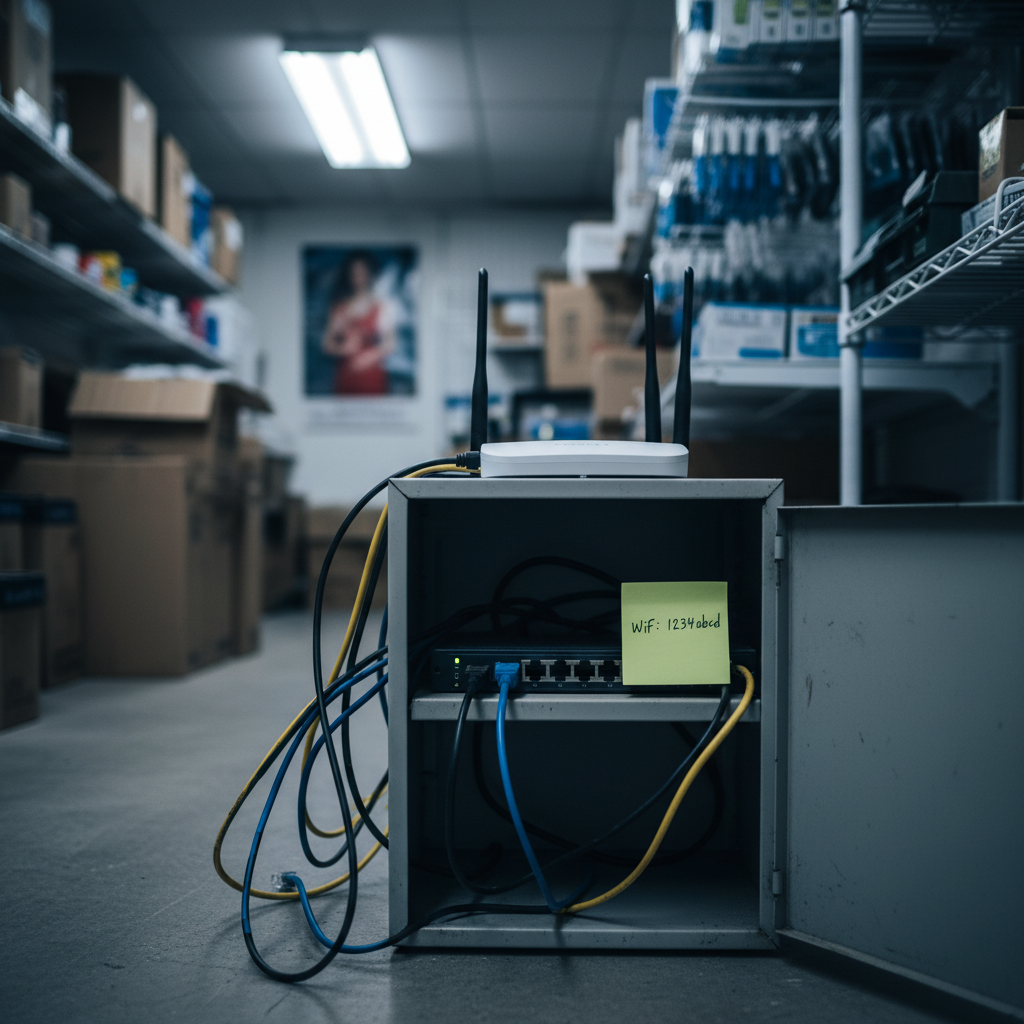 A compact network setup in a small retail back room, featuring a modest consumer-grade Wi-Fi router with two antennas, a basic switch, and tangled cables partially spilling from an open, inexpensive metal cabinet. A bright yellow sticky note with a handwritten, easily guessed Wi-Fi password is stuck to the side of the router, clearly visible in focus. Overhead fluorescent lighting creates a slightly harsh, cool tone, emphasizing the clutter and casting stark shadows behind each device. Photographic realism, captured at eye level with moderate depth of field so all network elements remain clear while cardboard boxes and inventory shelves softly blur in the background. The composition balances order and disarray, creating a mood of professional intent undermined by risky shortcuts.