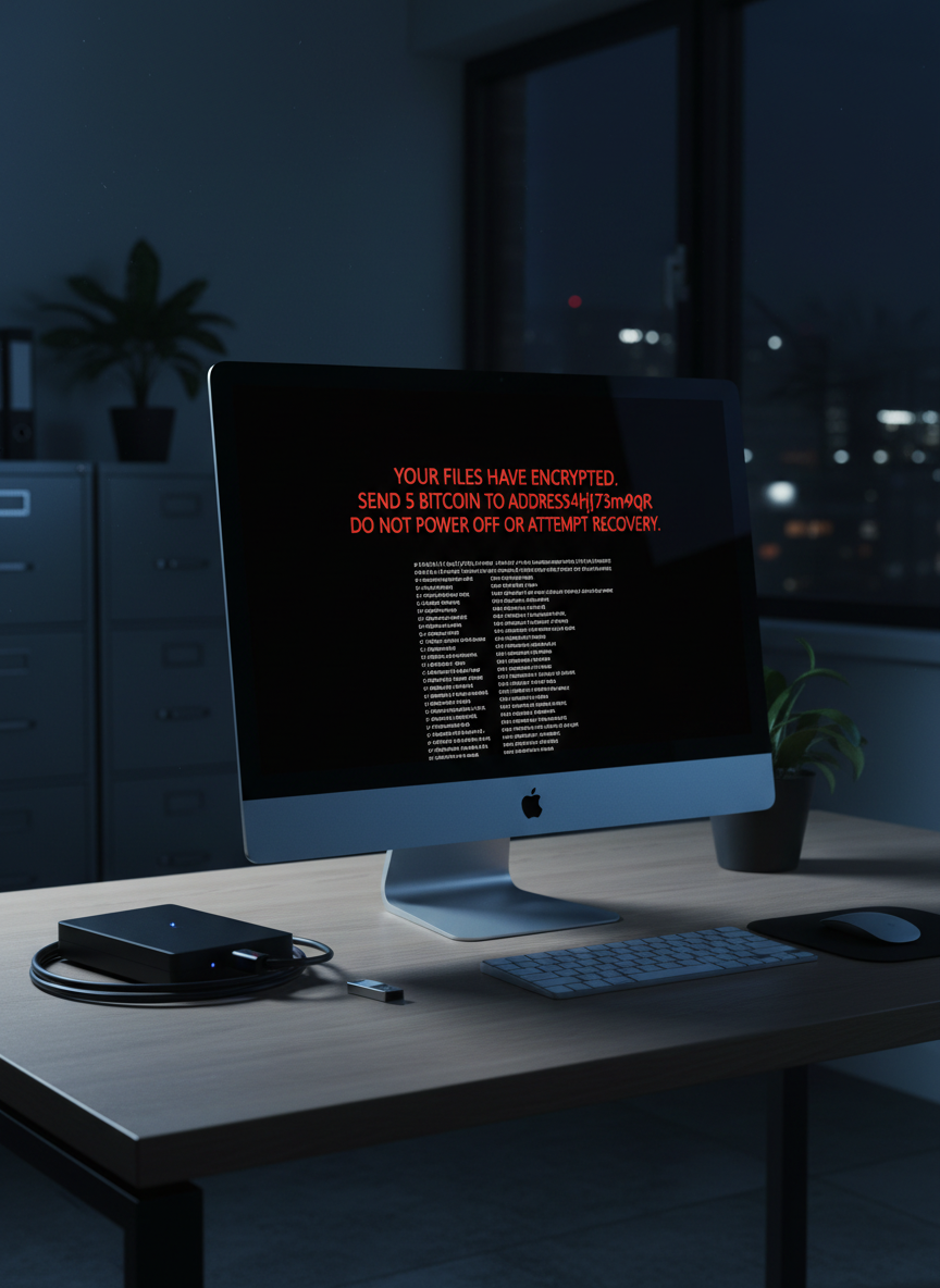 A clean, modern small-business workspace at night, with a single silver desktop computer prominently displaying a full-screen ransom note in bold red text on a stark black background, surrounded by encrypted-looking filenames. The computer sits on a light oak desk beside a locked black external hard drive and a small, labeled backup USB stick. Only the cold glow from the monitor illuminates the room, casting sharp, high-contrast shadows and reflections across the keyboard and desk surface. Photographic realism, shot from a slightly elevated angle with shallow depth of field, emphasizes the screen while the rest of the office, including blurred filing cabinets and a darkened window, fades into soft darkness, creating a tense, urgent mood.