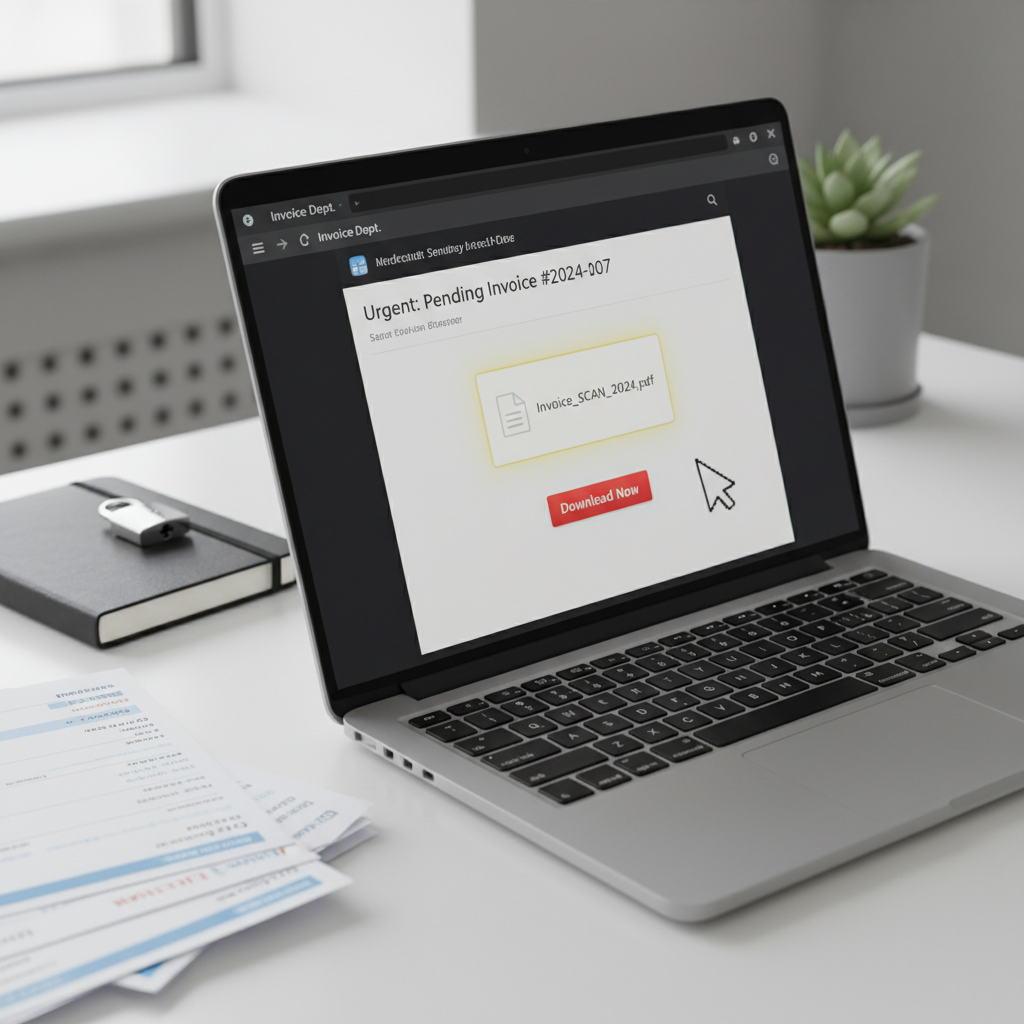 A close-up of a brushed aluminum business laptop on a minimalist white desk, its email client open to a convincing but malicious phishing message featuring a fake invoice attachment highlighted in a soft yellow. The mouse cursor hovers just above the “Download” button. Beside the laptop, a locked black notebook and neatly stacked paper invoices suggest real financial operations. Diffused daylight from an unseen window washes the scene in soft, neutral tones, creating gentle shadows beneath the keyboard. Photographic realism, captured from a slightly elevated three-quarter angle with shallow depth of field, keeps the phishing email and cursor in razor-sharp focus while the rest of the office fades into a clean, professional blur, conveying quiet but imminent danger.